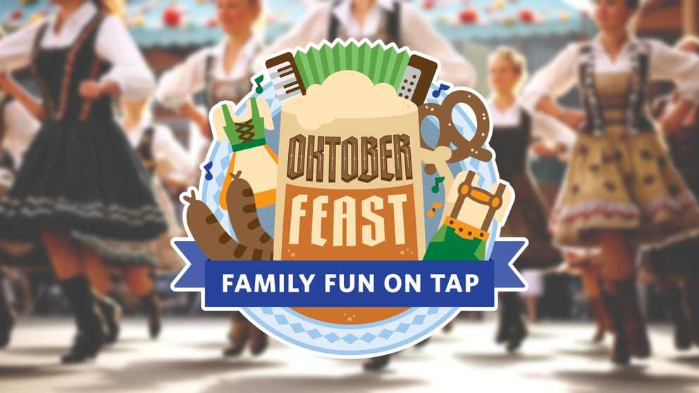 OktoberFEAST logo, with beer stein, lederhosen, bratwursts, accordion